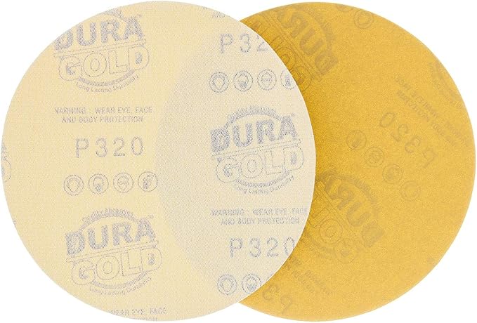 Dura-Gold Premium 320 Grit 6" Gold Sandpaper Discs, No Hole Pattern Dustless, Box of 50, Hook & Loop Backing for DA Sander, Finishing Coarse Sanding Abrasive Automotive Paint, Woodworking Wood, Metal