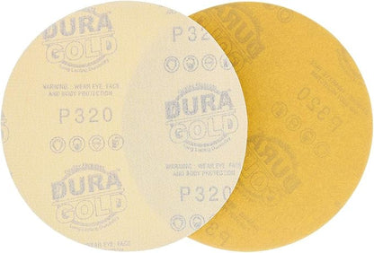 Dura-Gold Premium 320 Grit 6" Gold Sandpaper Discs, No Hole Pattern Dustless, Box of 50, Hook & Loop Backing for DA Sander, Finishing Coarse Sanding Abrasive Automotive Paint, Woodworking Wood, Metal