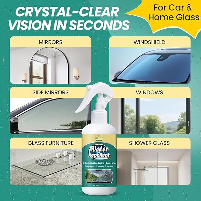 BUFFZIT Water Repellent Spray Car Windshield Rain Repellent, Long Lasting Hydrophobic Waterproof Glass Treatment, Streak-Free Clear Vision for Automotive Glass, Windows & Mirrors, 5 fl oz / 150ml