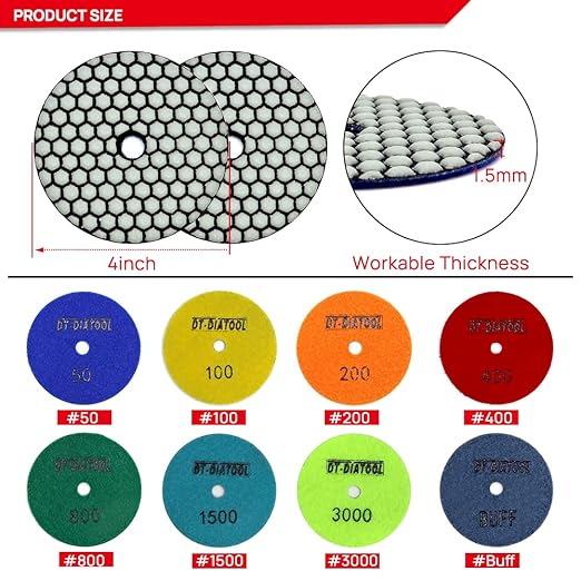 DT-DIATOOL Dry Diamond Polishing Pads 4 Inch for Granite Marble Quartz Stone Countertop Tiles 8 Pieces Grits 400