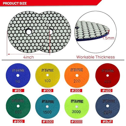DT-DIATOOL Dry Diamond Polishing Pads 4 Inch for Granite Marble Quartz Stone Countertop Tiles 8 Pieces Grits 400