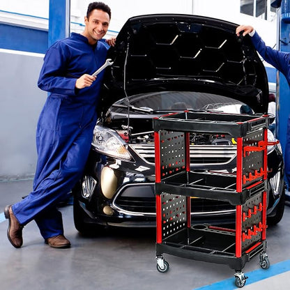 AstraLoom Heavy-Duty Car Detailing Cart for Garage & Workshop – 3-Tier Auto Tool Cart with 4 Tool Boards, 32 Hooks, Lockable Wheels & 440 lbs Capacity