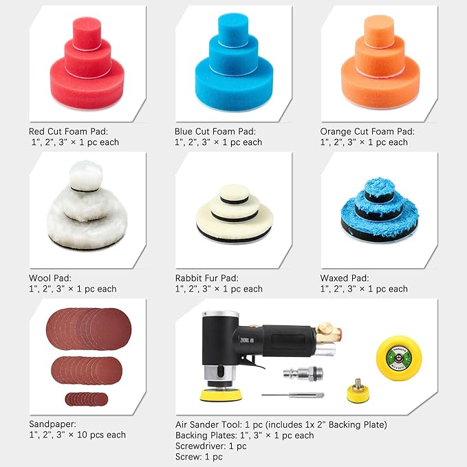 ZHONG AN 1'' 2'' 3'' Mini Orbital Sander da sander Air Dual Action Sander High Speed Pneumatic Mini Sanders Includes 18Pcs 1/2/3in Polishing Sponge & Wool Pads, 30Pcs Sandpapers (BLACK)