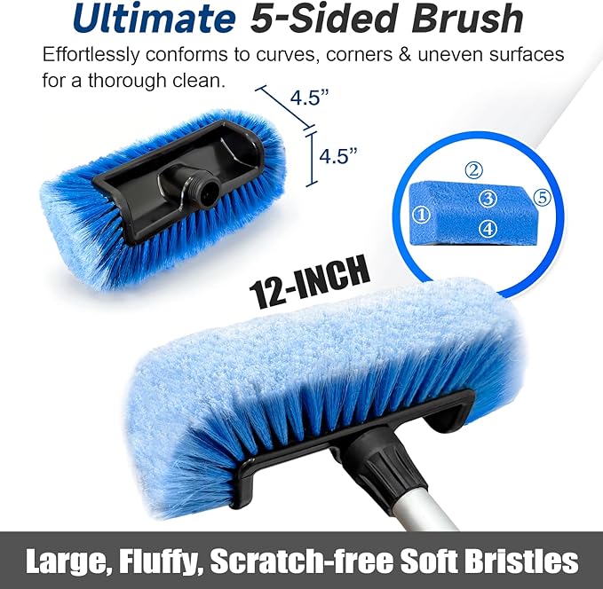 5-12 Foot (20ft Reach) Car Wash Brush with 12-Inch Soft Bristle, On/Off Switch Telescopic Car Truck Boat Washing Brush with Hose Attachment for Cleaning RVs, House Siding, Floors and More!