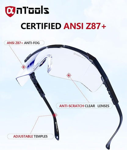 AnTools 2 Pack ANSI Z87+ Safety Glasses, Anti-Fog, Scratch-Resistant, Adjustable Temples, Clear Protective Eyewear, Lab Goggles