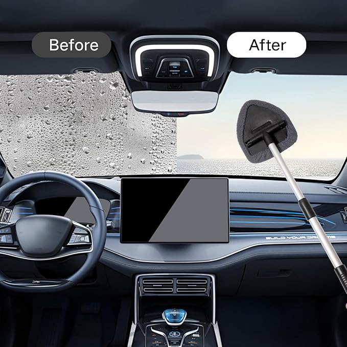 Qydipclin 7pcs Windshield Cleaner Tool Car Window Cleaning Wash Kit with 4 Reusable Microfiber Pads 1 Spray Bottle and Extendable Handle Auto Glass Wiper Kit, Gray