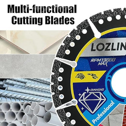 LOZLIN 10-Pack 4.5" Diamond Multi-Purpose Saw Blades - Heavy Duty Angle Grinder Discs for Cutting Marble/Quartz/Stone/Tile/Metal/Plastic (Black Teeth, 10)