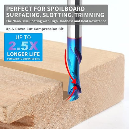 EANOSIC 2PCS Spiral Router Bits Up Down Compression Bit 1/2" Cutting Diameter with Nano Blue Coated, 1/2" Shank Solid Carbide CNC End Mill for Wood Carving Engraver Milling Cutters (Extra Long 4”)