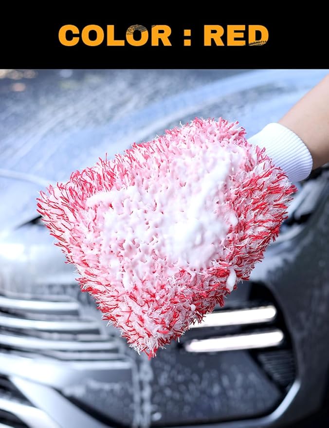 Microfiber Car Wash Mitts, 2Pack Premium Scratch-Free Car Wash Gloves with Thick Elastic Cuff for Auto Detailing, Cars, Trucks, SUVs, Boats (Blue & Red)