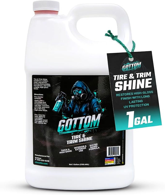 Gottom Tire & Trim Shine – 128oz, Scented Boosted Colada - Ultra High Gloss for Plastic Trim & Wheels – Water-Based Dressing – Car Tire Cleaner & Dressing – Car Detailing Supplies