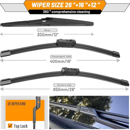 AUTOBOO 26"+16" Windshield Wipers with 12" Rear Wiper Blade Replacement for Lexus NX200t NX300 NX300h 2015 2016 2017 2018 2019 2020 2021 -Original Factory Quality (Pack of 3)