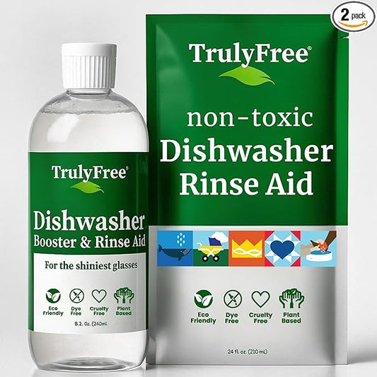 Truly Free Natural Dishwasher Booster & Rinse Aid - Non-Toxic Dishwashing Aid Formula, Removes Residue & Tough Dish Stains, Water Spot Remover - Includes: 1 Reusable Empty 12 oz Bottle & 1 Refill