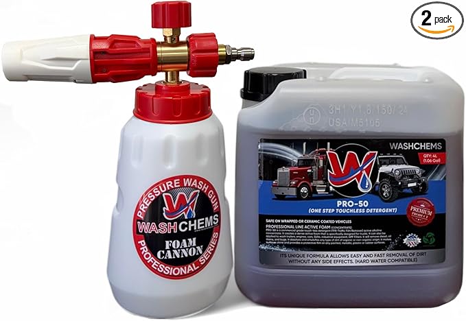 Wash Chems PRO-50 Touchless Car Wash Detergent Soap with Professional Foam Cannon (1 Gallon, 128 oz) No Brushing, Commercial Grade Auto Cleaner Great for Trucks & Tractors