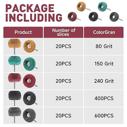 100 PCS Abrasive Buffing Wheels,1 inch Polishing Wheel Set for Proxxon Dremel Rotary Tool Accessory-1/8 Shank