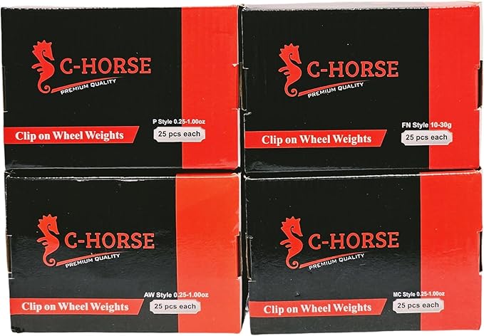 C-HORSE 400Psc Clip On Wheel Weights Black Coated Assortment - 4 Styles (AW, FN, MC, P)- Hammer Type Rim Balancers - 0.25oz, 0.5oz, 0.75oz, 1.0oz - 100Pcs for Each Style, Fits Steel & Aluminum Wheels