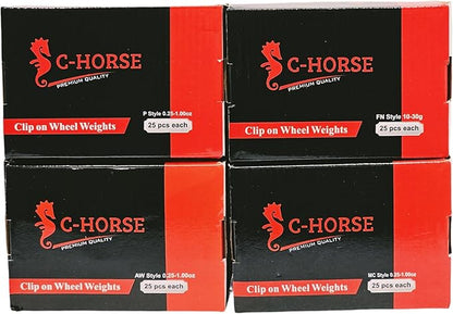 C-HORSE 400Psc Clip On Wheel Weights Black Coated Assortment - 4 Styles (AW, FN, MC, P)- Hammer Type Rim Balancers - 0.25oz, 0.5oz, 0.75oz, 1.0oz - 100Pcs for Each Style, Fits Steel & Aluminum Wheels