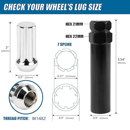 JiiinMiiin 32pcs M14x2.0 Lug Nuts Chrome with 7 Spline Tuner, 14x2 Locking Lugnut 2 inch Length with 1 Socket Key, 60 Degree Conical/Cone Bulge Seat Closed End.