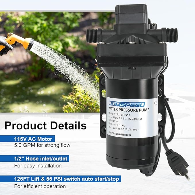 5.0 GPM 115V AC 55 PSI Revolution Water Pump with Pressure Switch Compatible with Camper, RV, Shower, Sprayer