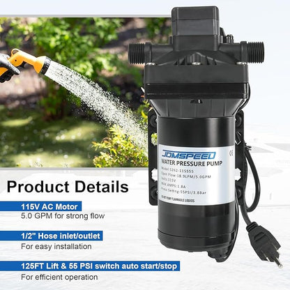 5.0 GPM 115V AC 55 PSI Revolution Water Pump with Pressure Switch Compatible with Camper, RV, Shower, Sprayer
