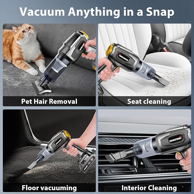 sunzone Handheld Car Vacuum Cleaner, Cordless Vacuum Cleaner with 20KPa Powerful Suction and Blower, Portable Hand Held Vacuum with Multi-Nozzles for Car, Home, Office, Pet (Black)