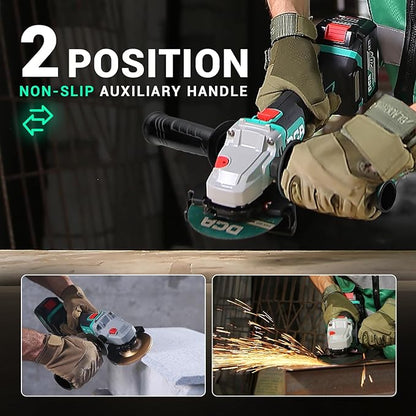 DCA Cordless Angle Grinder 4-1/2 inch, 20V Brushless Motor 8500RPM, Battery Grinder Tool-Free Guard, 4.0Ah Battery & Charger, Power Electric Cut Off Tool with 6 Discs for Cutting, Grinding, Polishing