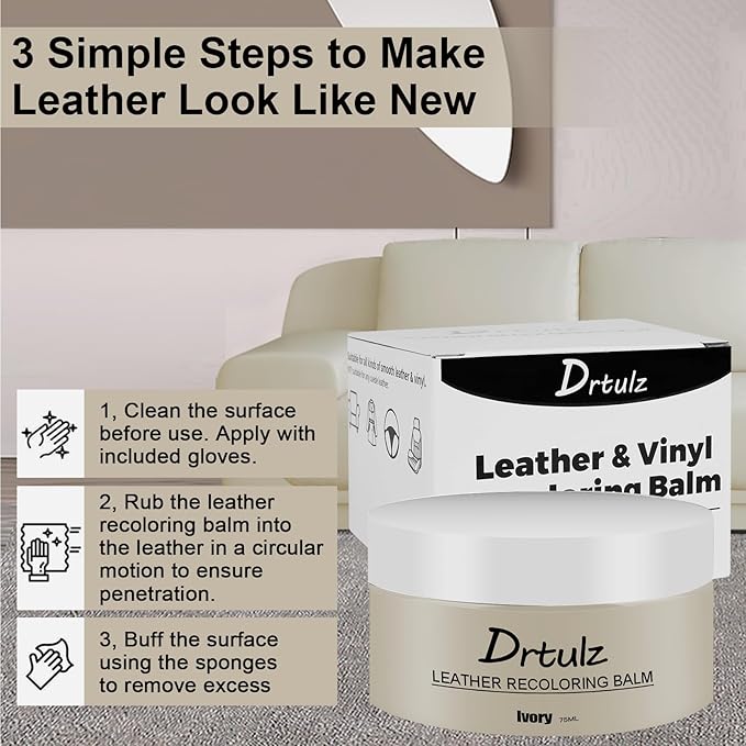 drtulz Leather Recoloring Balm, Leather Color Restorer Conditioner, Leather Restorer for Couches Paint, Leather Scratch Remover, Scratch Leather Faded Repair Kits for Vinyl Furniture (Ivory, 75ML)