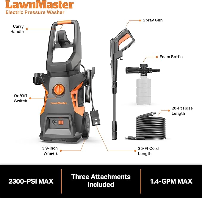 LawnMaster LT506-2000A Electric Pressure Washer 13 Amp 1.4 GPM 2300 Max PSI with Foam Bottle CSA Certified