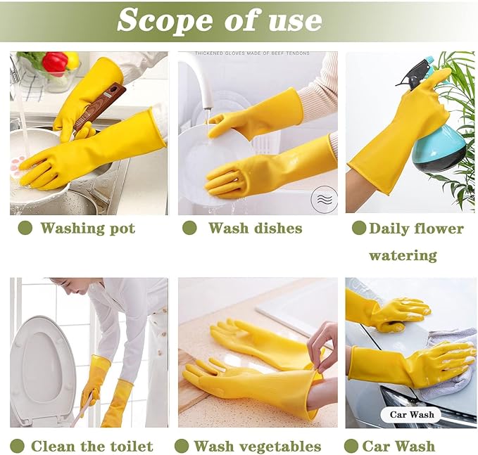 Vsootal 8 Pairs Reusable Household Cleaning Gloves, Rubber Kitchen Dishwashing Gloves,Extra Thickness, Long Sleeves, for Washing Dishes, Pet Care(Medium, Yellow)