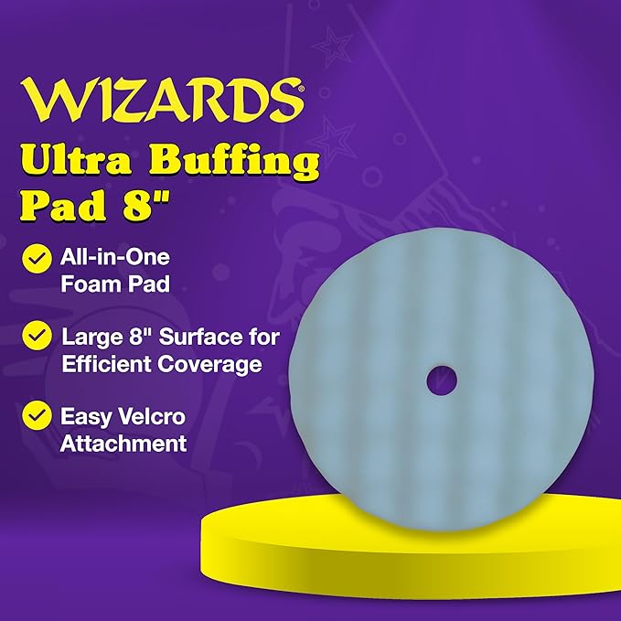 Wizards Ultra Buffing Pad - Removes Swirls and Provides a Smooth Finish - Soft Density US Foam with Recessed Back Grip Hold - Works with All Swirl Removing Auto Detailing Supplies - ‎8" x 1.5"