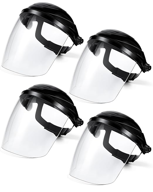 Tellegloww 4 Pcs Clear Safety Face Shield for Grinding & Cutting, Lightweight Full Impact Resistant with Adjustable Ratcheting Headgear Face Shield Mask for Work Chemical Woodworking Industrial, Black