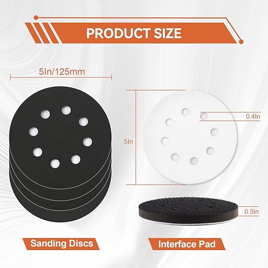 120PCS 5 Inch Sanding Discs Hook & Loop Sandpaper 320/400/600/800/1000/2000/3000 Grit Orbital Wet Dry Sandpaper with 2PCS Interface Pads for Automotive Wood Metal Polishing
