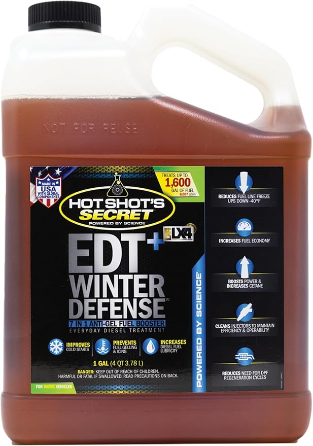 Hot Shot's Secret EDT+ Winter Defense, 7-in-1 Anti-Gel Diesel Fuel Additive – Prevents Gelling, Protects Diesel Fuel System, Diesel Additive Improves Cold Starts, Boosts Cetane, 1 Gallon