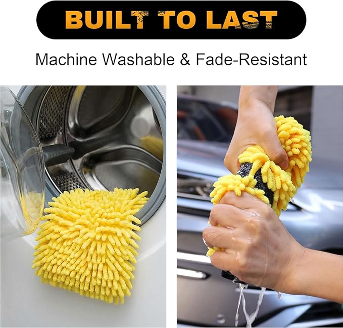 Premium Car Wash Mitts (2-Pack), Scratch-Free 2-in-1 Dual-Side Chenille Microfiber Gloves for Auto Detailing, Safe on Paint, Glass, Chrome – for Cars, Trucks, SUVs, RV & Motorcycle (Yellow)