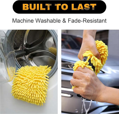 Premium Car Wash Mitts (2-Pack), Scratch-Free 2-in-1 Dual-Side Chenille Microfiber Gloves for Auto Detailing, Safe on Paint, Glass, Chrome – for Cars, Trucks, SUVs, RV & Motorcycle (Yellow)