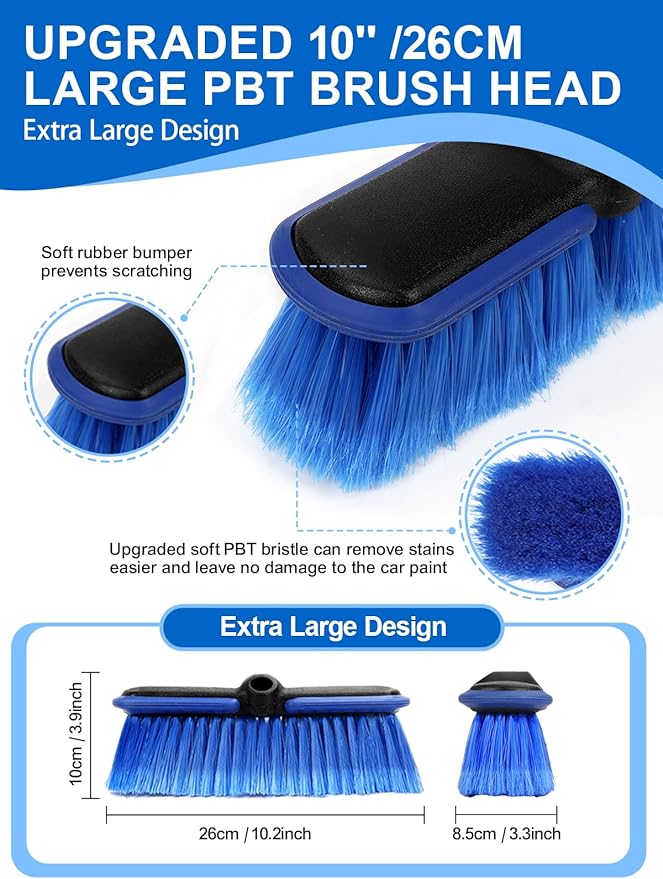 PBT Car Wash Brush with Long Handle 10'' Larger Soft Bristle Brush Head Rubber Bumper for Vehicle Wheel RV SUV Boat Truck Solar Panel Deck Washing, 60'' 151cm