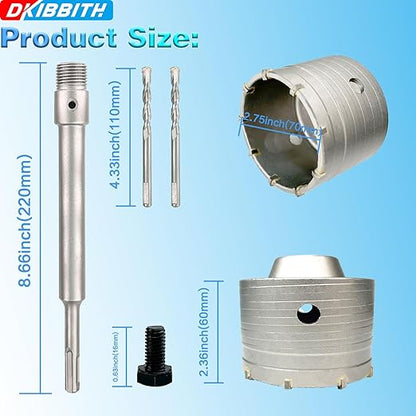 2-3/4" Concrete Hole Saw, 70mm Tungsten Steel Core Bit for Cinder Block, Brick, Rock, Plank Walls for Pipes or mini Split Lines, with SDS Plus Shank and 2 Center Positioning Drill Bits.
