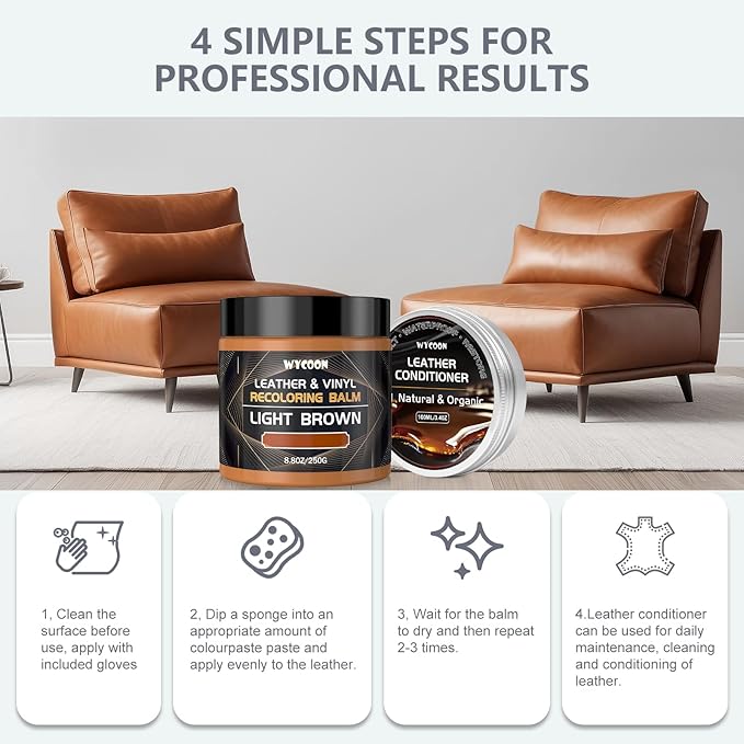 WYCOON Leather Recoloring Balm with 100ml Mink Oil Conditioner | White Repair Kit, Dye & Color Restorer for Furniture, Sofa, Car Seats, Bags | Restore Faded & Scratched Surfaces