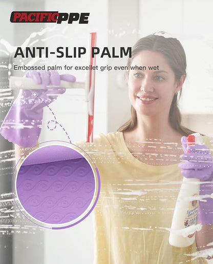 PACIFIC PPE 2 Pairs Reusable Dishwashing Cleaning Gloves with Latex Free, Cotton Lining, Kitchen Gloves, Purple, Large