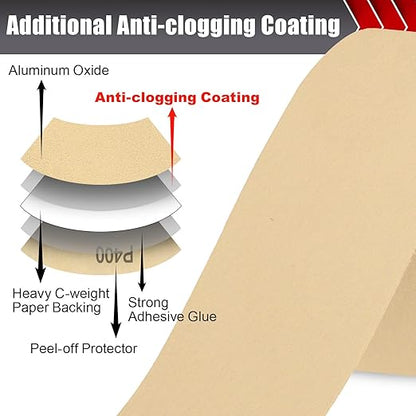 400 Grit PSA Longboard Sandpaper, 20-Yard Long Continuous Roll 2-3/4" Wide Self-Adhesive Sanding Paper for Auto Body Woodworking Metalworking