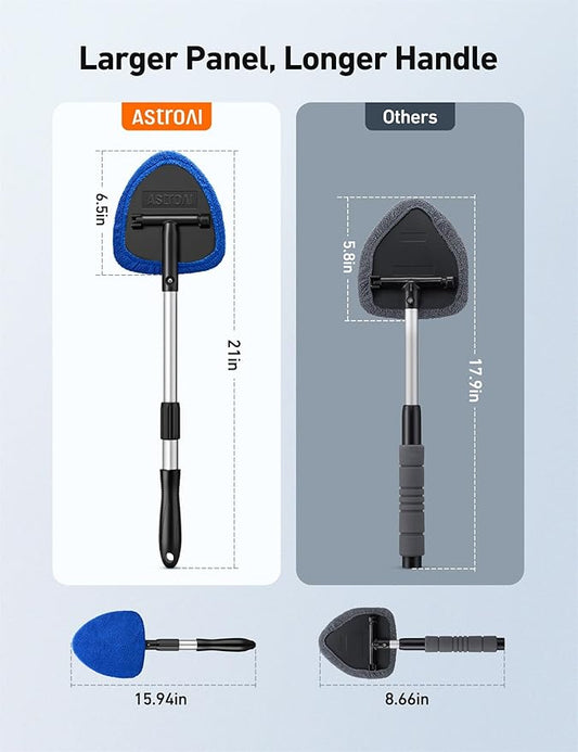 AstroAI Windshield Cleaning Tool, Car Window Cleaner Windshield Cleaner with 8 Reusable and Washable Microfiber Pads and Extendable Handle Auto Inside Glass Wiper Kit, Blue, 2 Pack