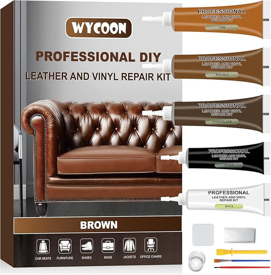 Brown Leather & Vinyl Repair Kit for Furniture, Car Seats, Couch, Purse - Fix Scratches, Tears, Fading on Genuine, Faux, Artificial Leather - Super Easy Instructions with Color Mixing Guide