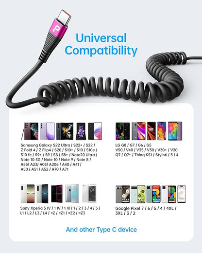 USB C Cable Fast Charging, 2Pack 5ft Coiled USB A to USB C Cable for Car, USB Type C Charger Cord Compatible with iPhone 17/16/15 Pro Max/Samsung Galaxy S20 S10 and More USB C Devices-Rose Red