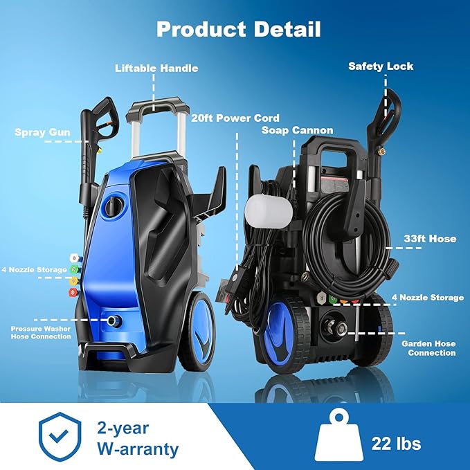5000PSI Pressure Washer, Power Cleaners Powered with 33ft Pressure Hose, 4 Nozzles and 500ml Foam Cannon, Cleaner Machine for Home, Car
