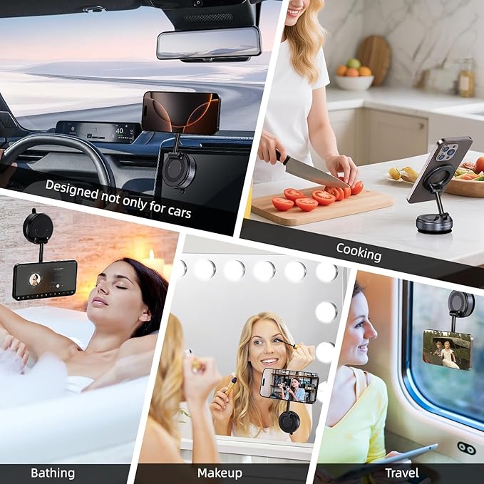 Jikasho Vacuum Magnetic Suction Phone Holder, Foldable and Retractable Hands-Free Suction Cup Phone Mount for Car/Gym/Mirror/Smooth Surface, Compatible with iPhone & Android (Gel Suction Cup Black)