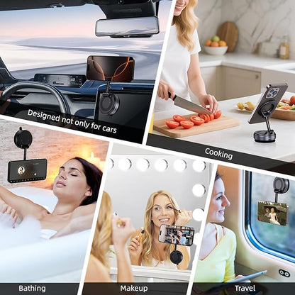 Jikasho Vacuum Magnetic Suction Phone Holder, Foldable and Retractable Hands-Free Suction Cup Phone Mount for Car/Gym/Mirror/Smooth Surface, Compatible with iPhone and Android (Space Grey)