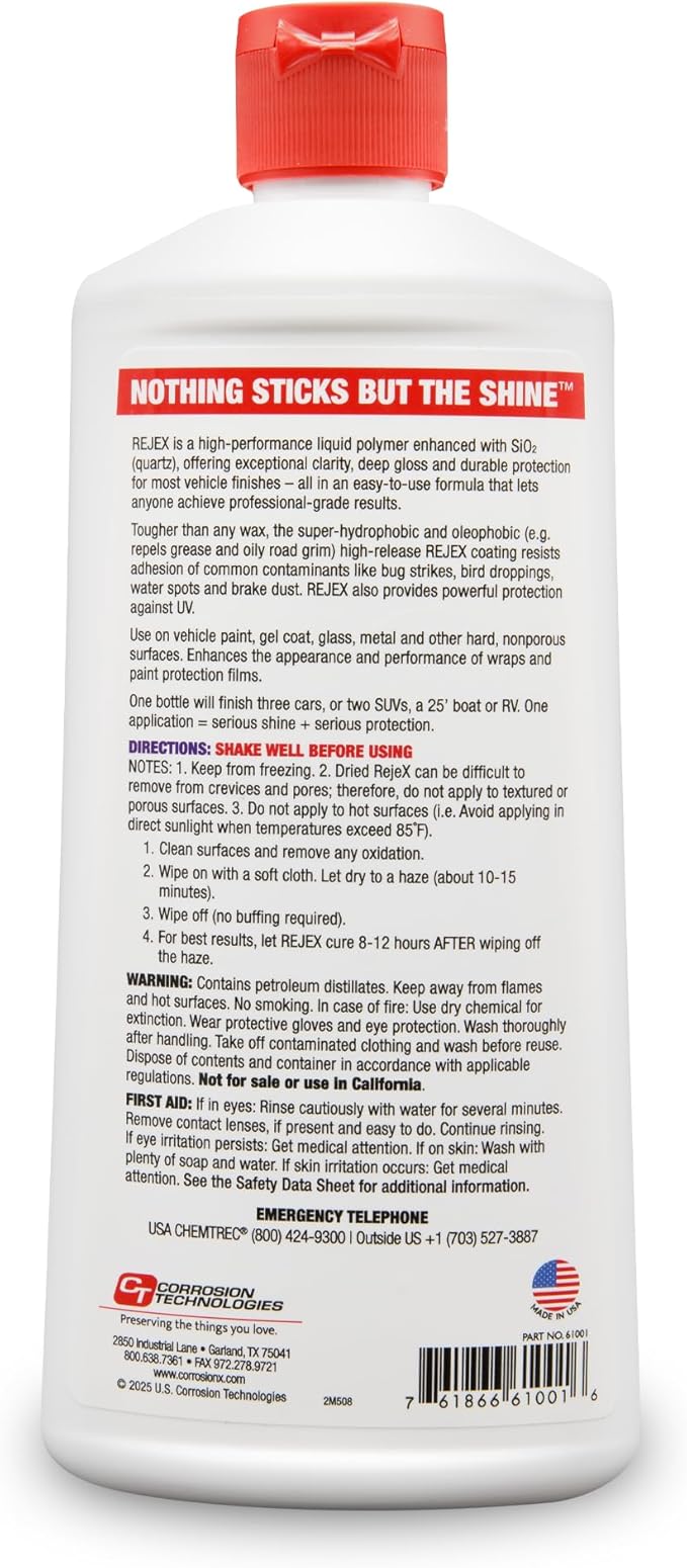 Corrosion Technologies RejeX 61001 (12 fl oz) – High Gloss Finish That Protects | For All Vehicles | Synthetic Paint and Surface Sealant | Lasts 3X Longer Than Any Wax | Nothing Sticks But The Shine!