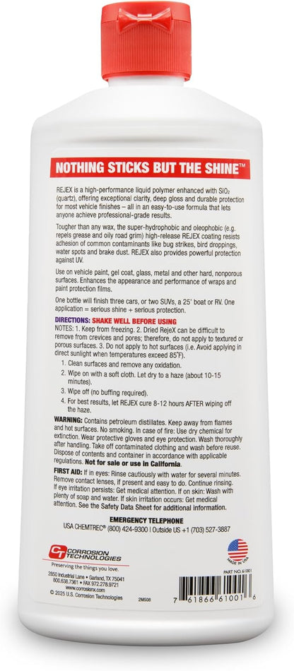 Corrosion Technologies RejeX 61001 (12 fl oz) – High Gloss Finish That Protects | For All Vehicles | Synthetic Paint and Surface Sealant | Lasts 3X Longer Than Any Wax | Nothing Sticks But The Shine!