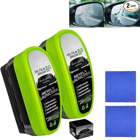 cioevantial Upgrade Automotive Oil Film Cleaning Brush,New 2.0 Clearvision Glass Cleaner,Glass Coating Board for Windshield,Prevents Rain and Fog Clearvision Car windshield cleaner tool(2PCS+Wipe)