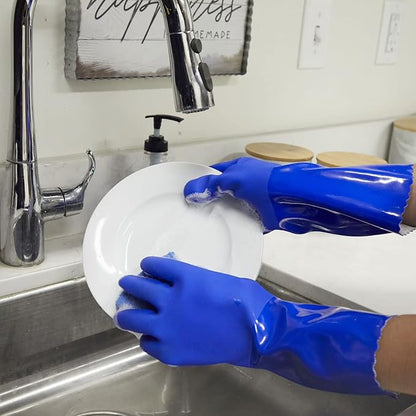 2 Pairs Rubber Household Cleaning Gloves for Kitchen Dishwashing, Cotton Lined (Blue)