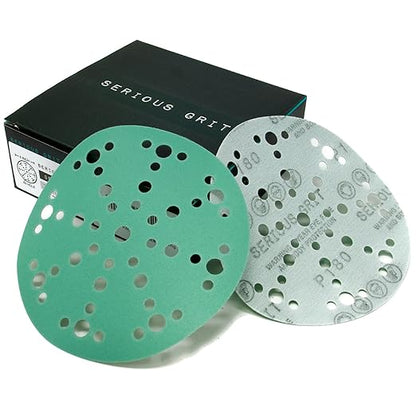 Serious Grit - 6-Inch 49-Hole 180 Grit Sanding Discs - Heavy-Duty Hook & Loop Film Discs - Sandpaper for Random Orbital Sanders - 50 Pack Box